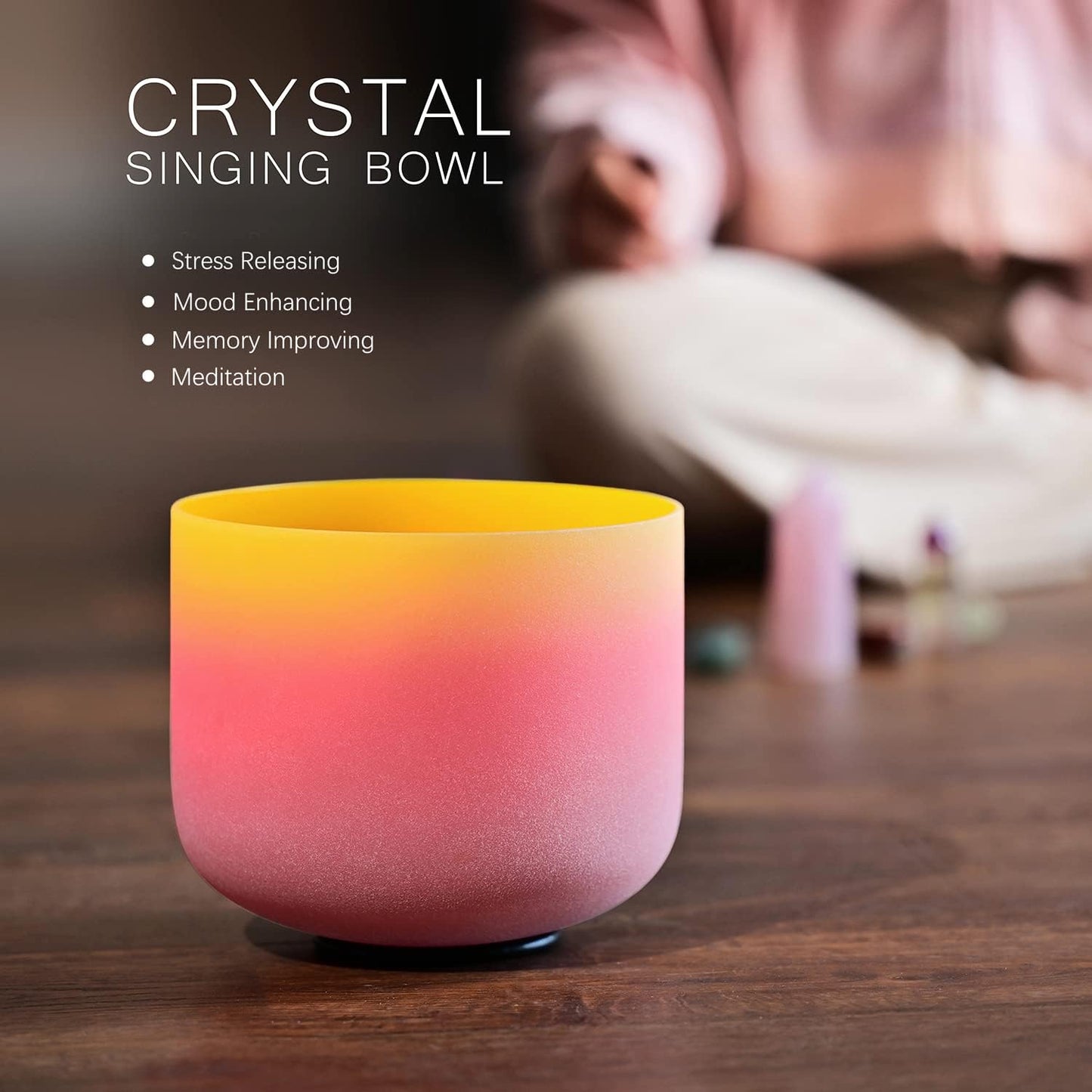 CVNC 440HZ 8 Inch Rainbow Colored A Note Third-Eye Chakra Frosted Quartz Crystal Singing Bowl for Sound Healing and Meditation