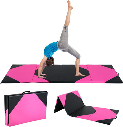 Gymnastics Mat for Tumbling, Folding Tumbling Mat Exercise Mat Gym Mat Tumbling Mats for Kids, Adults, PU Leather Yoga Mat with Carrying Handles