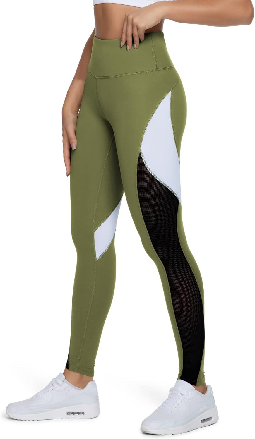 QUEENIEKE Women Yoga Pants Color Blocking Mesh Workout Running Leggings Tights