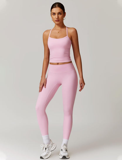 Women 2 Piece Workout Sets Padded Criss Cross Back Crop Tank High Waist Tummy Control Active Leggings Sets Yoga Outfit
