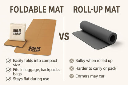Roam & Wrap TRUE FOLDING Cork Yoga Mat 5mm Thick - Not Rolled, Fits in Backpack & Carry-On - Non-Slip Portable Mat for Travel, Pilates & Gym