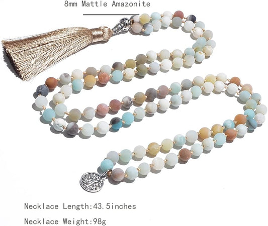 108 Mala Prayer Beads Necklace Natural Stones Meditation Yoga Jewery 108 Hand Knotted Japa Mala Beaded Long Tassel Necklace with Tree of Life Pendant for Men and Women