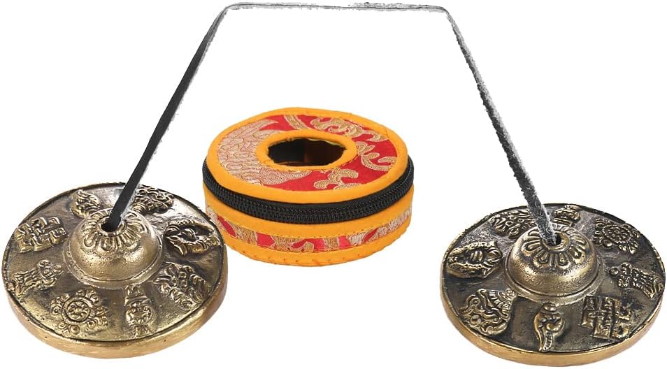 Heysland Tibetan Tingsha Cymbal Bell 2.6in/6.5cm Handcrafted Yoga Bell Meditation Chime Bells with Bag Eight Auspicious Symbols,HL03B