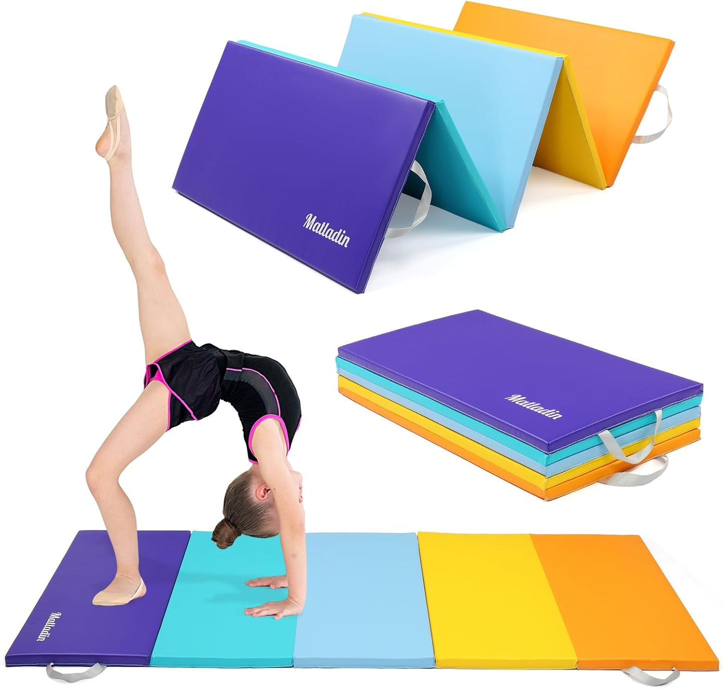 Matladin Folding Gymnastics Mat for Kids, 6'x3'x1"/8'x3'x1" PU Leather Gym Exercise Mats for Tumbling, Cheer, Yoga, Fitness, Pilates and Martial Art