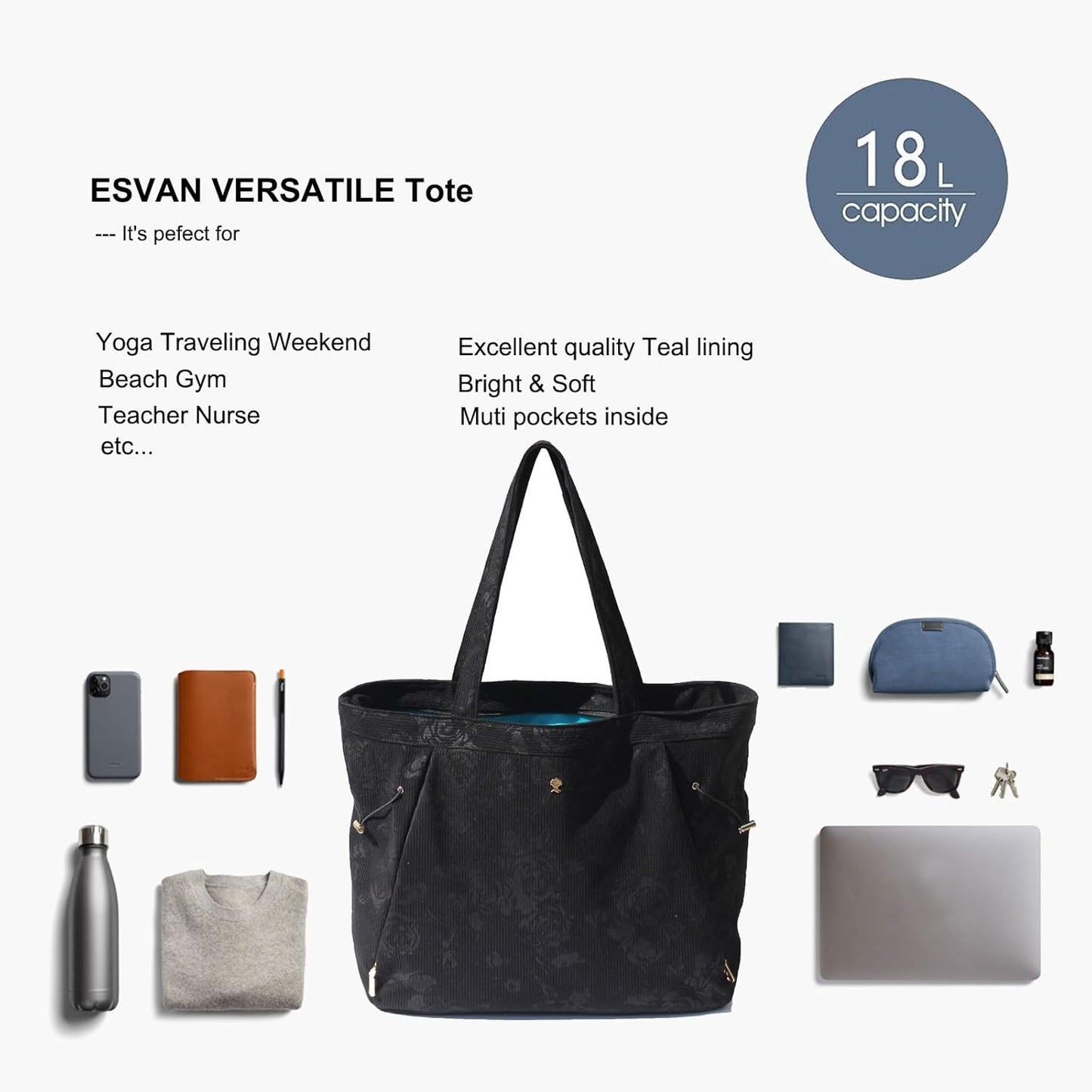 ESVAN Corduroy Yoga Tote Bag Gifts for Women Drawstring Yoga Mat Bag for Office Workout Travel Carryall Pilates Gym