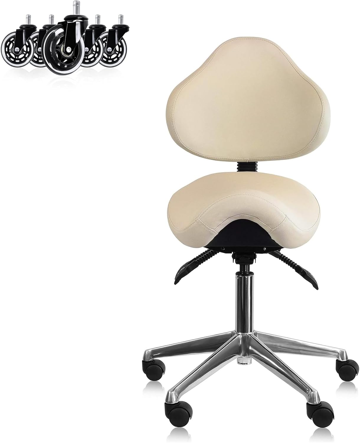 2xhome Ergonomic Saddle Stool with Back | Rolling Office Task Chair Adjustable Height Tilt Recline | Padded Seat for Medical Professionals, Dentists, and Artists, Black with Wheels, Single, Set of 1