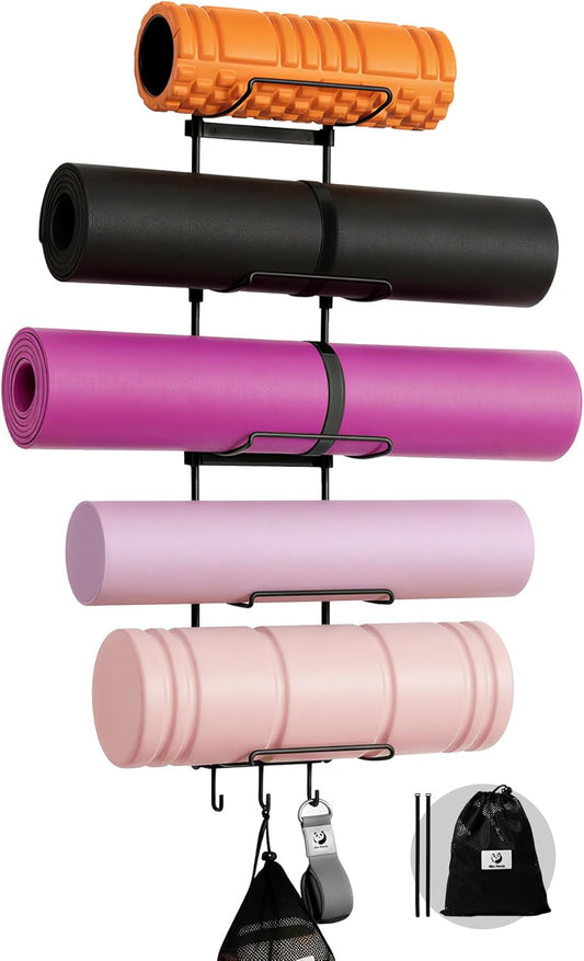 Slim Panda Yoga Mat Holder Wall Mount With Mesh Bag,Yoga Accessories Storage Rack,Home Gym Organizer with 5-Tier & 3 Hooks for Hanging Yoga Mats, Foam Roller, Resistance Bands, Space Saver