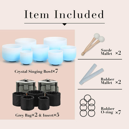 CVNC 432HZ 6-12 Inch Set Of 7 PCS Frosted Chakra Quartz Crystal Singing Bowls for Sound Healing with 2 PCS Travel Carry Case Bag