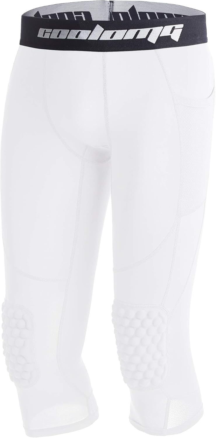 COOLOMG Basketball Leggings with Knee Pads for Kids Youth 3/4 Compression Pants Capri Tights Side Pockets
