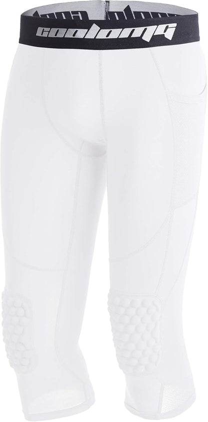 COOLOMG Basketball Leggings with Knee Pads for Kids Youth 3/4 Compression Pants Capri Tights Side Pockets