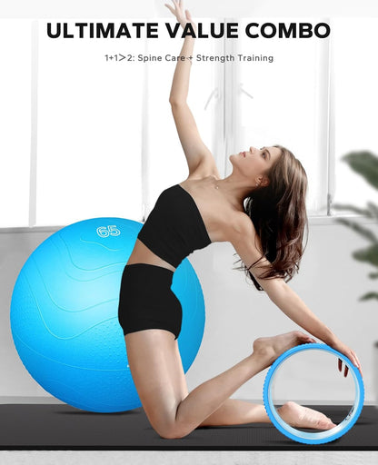 HAPBEAR Back Roller - Yoga Wheel Set with 26'' Exercise Ball – 12'' PP Inner Core Spine Alignment Tool for Back Pain Relief, Core Strength & Full-Body Workout, for Home Gym & Therapy – Pump Included