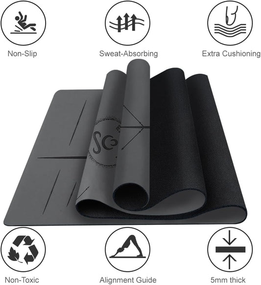 Natural Rubber Yoga Mat - Non Slip Non Toxic - 5mm Thick Yoga Mat for Hot Yoga/Pilates - Extra Large 26.8’’ with Alignment Guide - Sweat Proof - with Carrying Bag