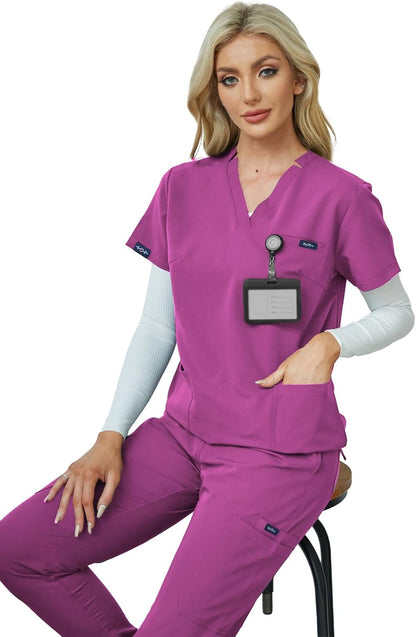 Women's V-Neck Scrubs Set With Cap, Stretchy Top and Jogger Pants, 11 Pockets Nursing Uniform