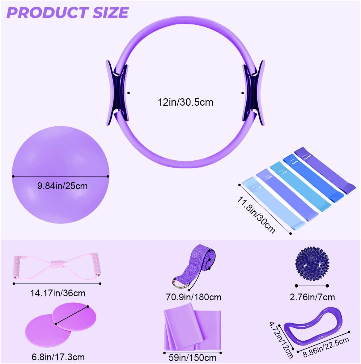 Pilates Ring Set for Women, Pilates Set with Magic Circle,Resistance Bands, Pilates Kit for Home Workout, Pilates Equipment for Strength, Toning and Flexibility(Purple,15pcs)