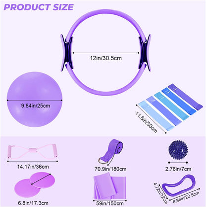 Pilates Ring Set for Women, Pilates Set with Magic Circle,Resistance Bands, Pilates Kit for Home Workout, Pilates Equipment for Strength, Toning and Flexibility(Purple,15pcs)