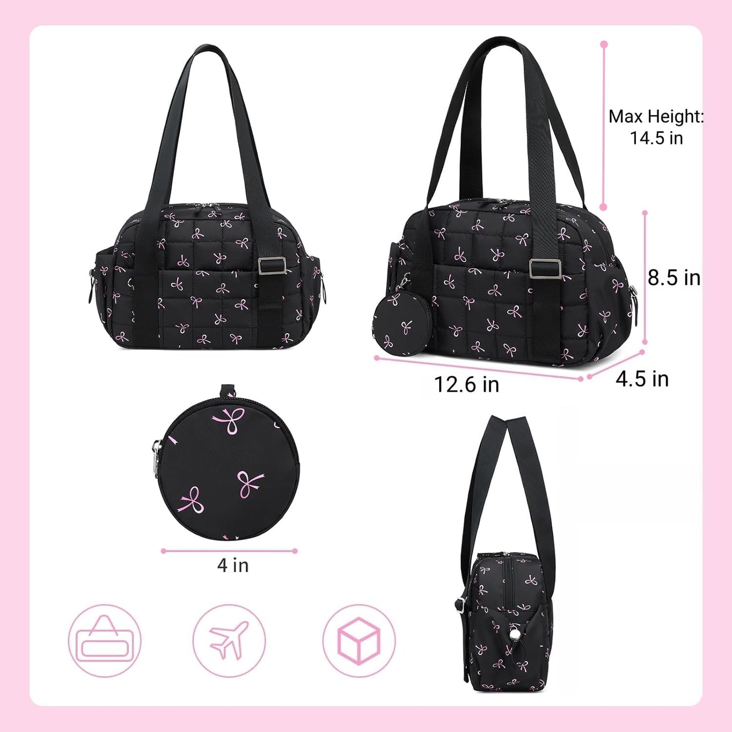 CAMTOP Mini Gym Bag for Women, Small Gym Tote Bag Puffy Quilted Sports Duffel Bag with Wet Compartment and Coin Purse Duffel Bags Dance Yoga Workout Bag for Gifts (All Black, Mini-12.6")