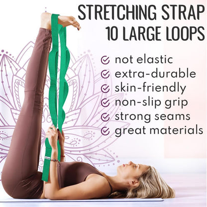 TECEUM Stretching Strap for Yoga & Physical Therapy – 10 Loops – Non-elastic Leg Stretch Straps for Stretching, Exercising, Pilates, Post-injury Rehabilitation for All Levels – Men & Women