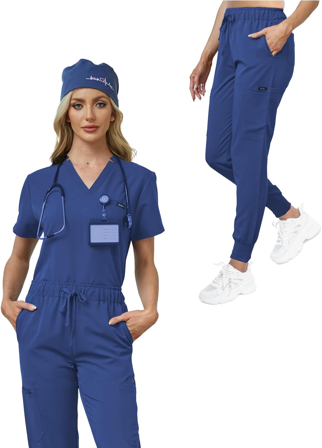 Women's V-Neck Scrubs Set With Cap, Stretchy Top and Jogger Pants, 11 Pockets Nursing Uniform