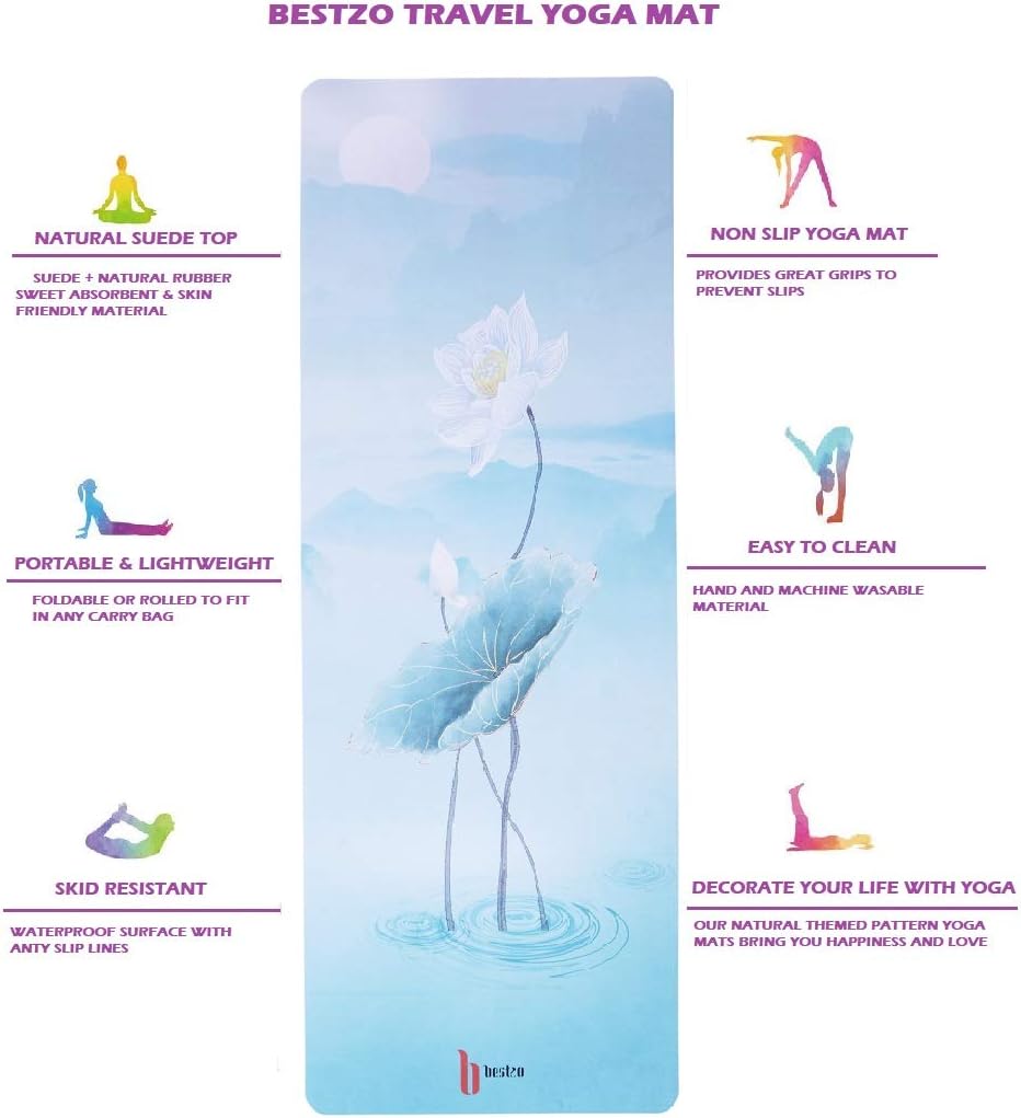 BESTZO Travel Yoga Mat-Sweat Absorbent Anti Slip,Portable 1/16 Inch Ultra Thin Folding Mat for Yoga Pilates Fitness Exercise,Comes with Carrying Bag (Quiet Lotus)