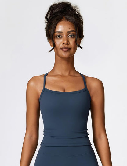 QBGJTD Womens Longline Sports Bras Cross Back Active Gym Yoga Padded Workout Crop Tank Top with Built in Bra