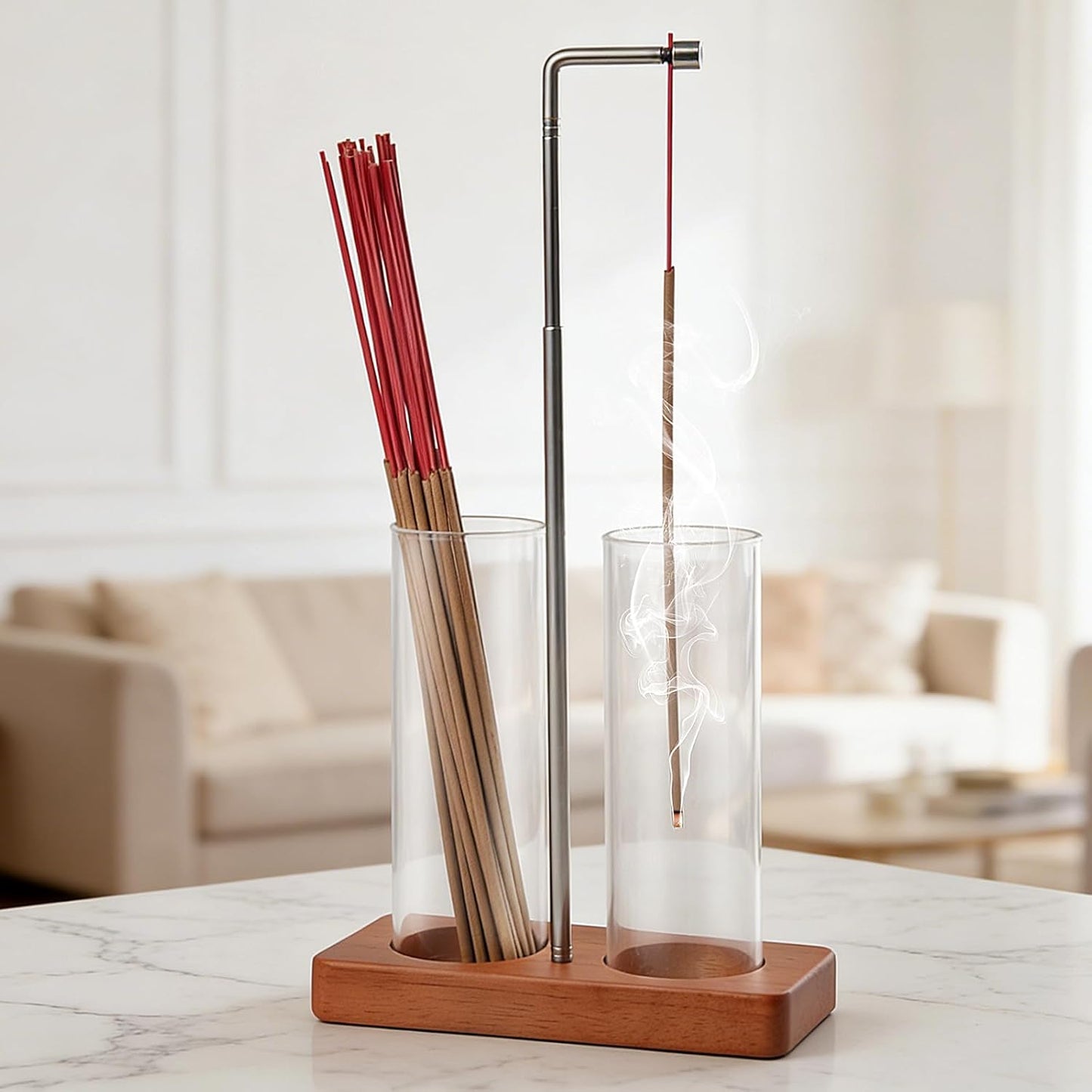 Incense Holder for Sticks, 2 in 1 Incense Burner with Glass Ash Catcher & Storage, Upside Down Incense Holder, Adjustable Stem with Threaded Lock for Yoga Spa Home Decor (Extends 8.7"-13.4")