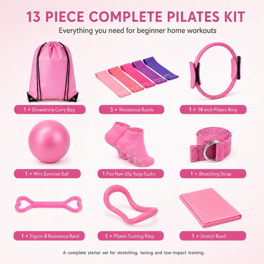 Pilates Kit for Women, 13 Piece Home Workout Starter Set with 14 Inch Ring, Mini Ball, 5 Resistance Bands, Yoga Socks, Stretch Strap and Carry Bag for Core Strength, Toning, Flexibility