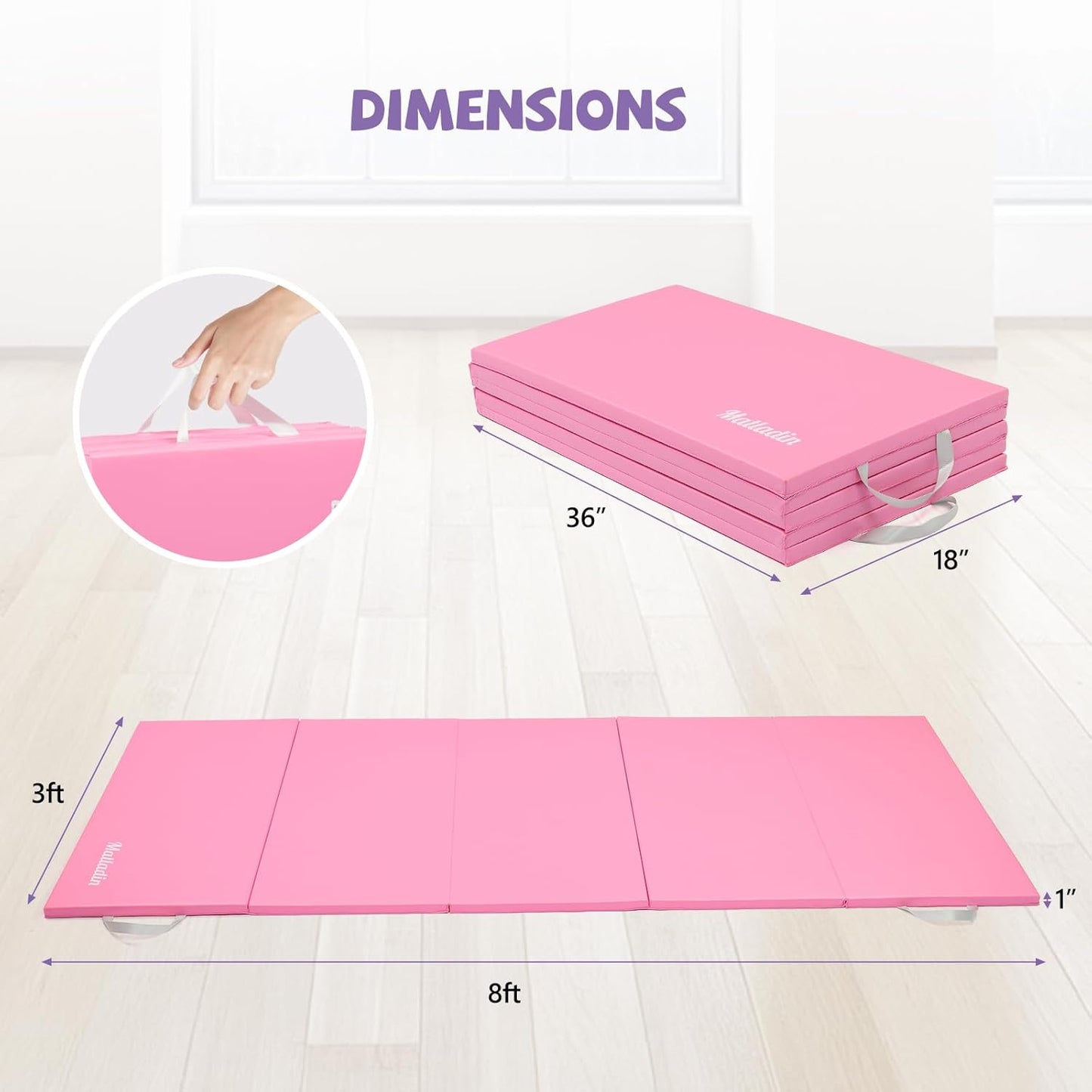Matladin Folding Gymnastics Mat for Kids, 6'x3'x1"/8'x3'x1" PU Leather Gym Exercise Mats for Tumbling, Cheer, Yoga, Fitness, Pilates and Martial Art