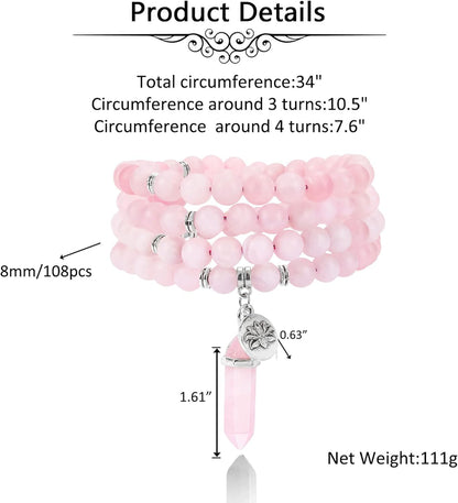 Jovivi 108 Mala Beads Bracelet 8mm Natural Amethyst Rose Quartz Healing Crystal Stone Mala Prayer Bead Necklace Hexagonal Prism Gemstone Reiki Pointed Pendant for Yoga Meditation Energy Balancing