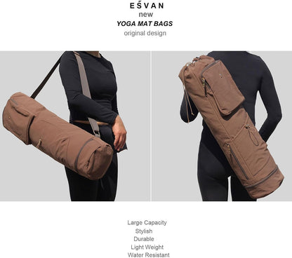 ESVAN Yoga Mat Bag with Multi Pockets Drawstring Yoga Mat Carrier Pilates Exercise Multi-Functional Storage Bag