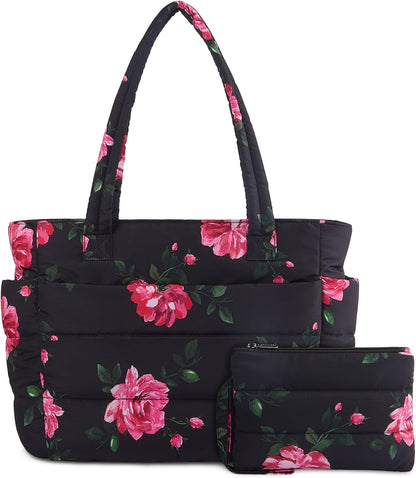 TOPDesign Puffer Tote Bag for Women, Lightweight Puffy Handbag with Compartments, Quilted Shoulder Bag for Work, Travel, Gym - Colors B