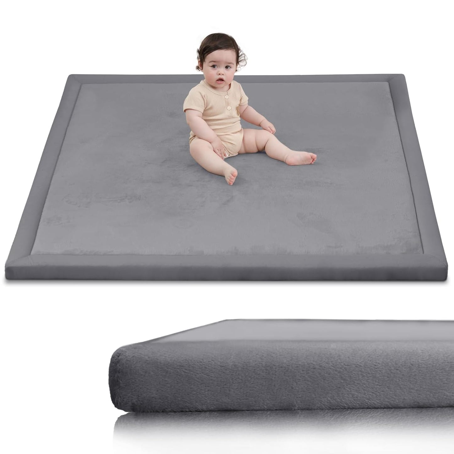 Baby Play Mat for Floor,1.3" Thick Memory Foam Tummy Time Mat,Soft Coral Velvet Nursery Rug,Large Non Slip for Crawling,Toddlers,Infants,Kids,Yoga & Tatami Style for Living Room(Dark Gray)