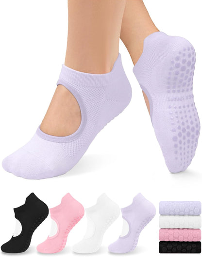 yeuG Pilates Socks for Women Non Slip Grip Socks for Yoga, Barre, Hospital, Barefoot Grippy Yoga Sock Womens Gifts 4 Pairs