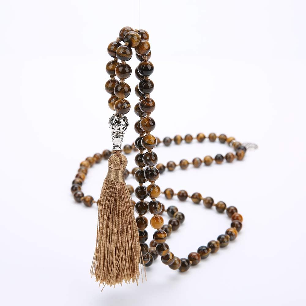 108 Mala Beads Necklace Semi-Precious Gem Stones Meditation Necklace 108 Hand Knotted Japa Mala Beaded Tassel Necklace with Tree of Life Pendant