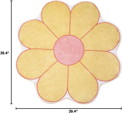 White Flower Shaped Rug, Cute Round Indoor Rug, 39.4" Diameter, High Pile Faux Wool, Non-Slip Backing