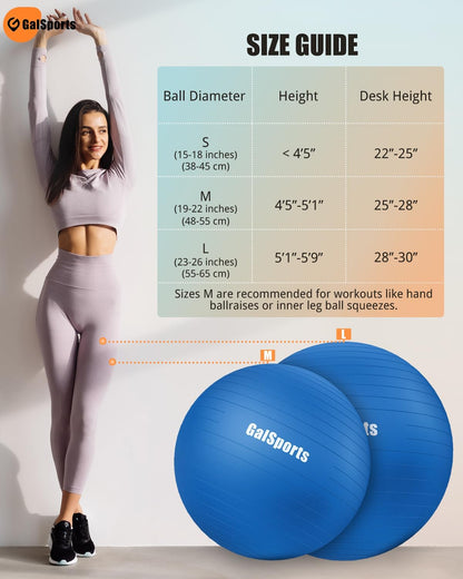 GalSports Stability Ball for Core Training & Physical Therapy – Anti-Burst, Slip-Resistant Yoga Ball for Home Gym, Pilates, Balance & Posture Improvemen