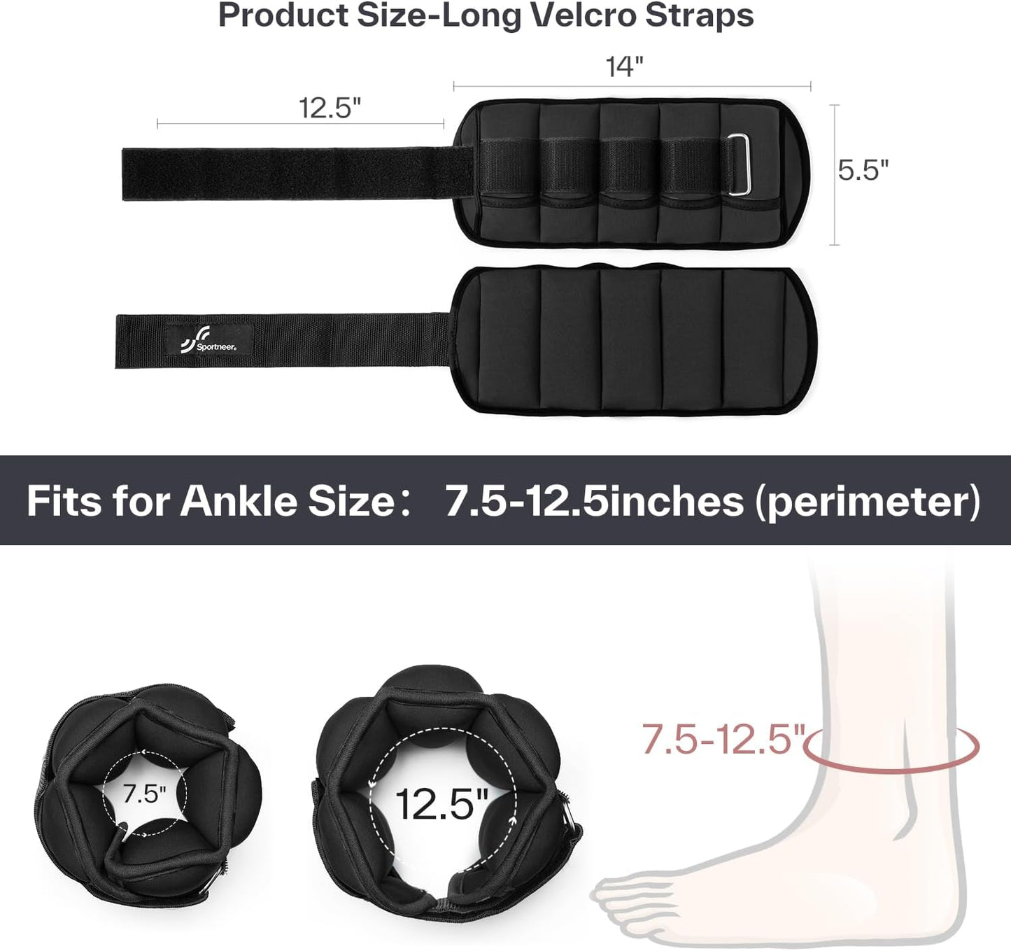 Sportneer Adjustable Ankle Weights Set - 1 Pair (2-10 lbs) Removable Sandbags for Women & Men, Comfortable Neoprene Leg Weights for Walking, Running, Pilates, Yoga, Home Workout & Physical Therapy