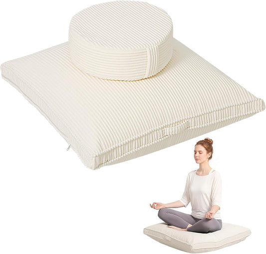 Meditation Cushion Set, Large Meditation Pillow with Ergonomic Support Prayer Pad, Modern Zafu & Zabuton Set to Mindfulness, Yoga, Removable Corduroy Cover, Green, 32in