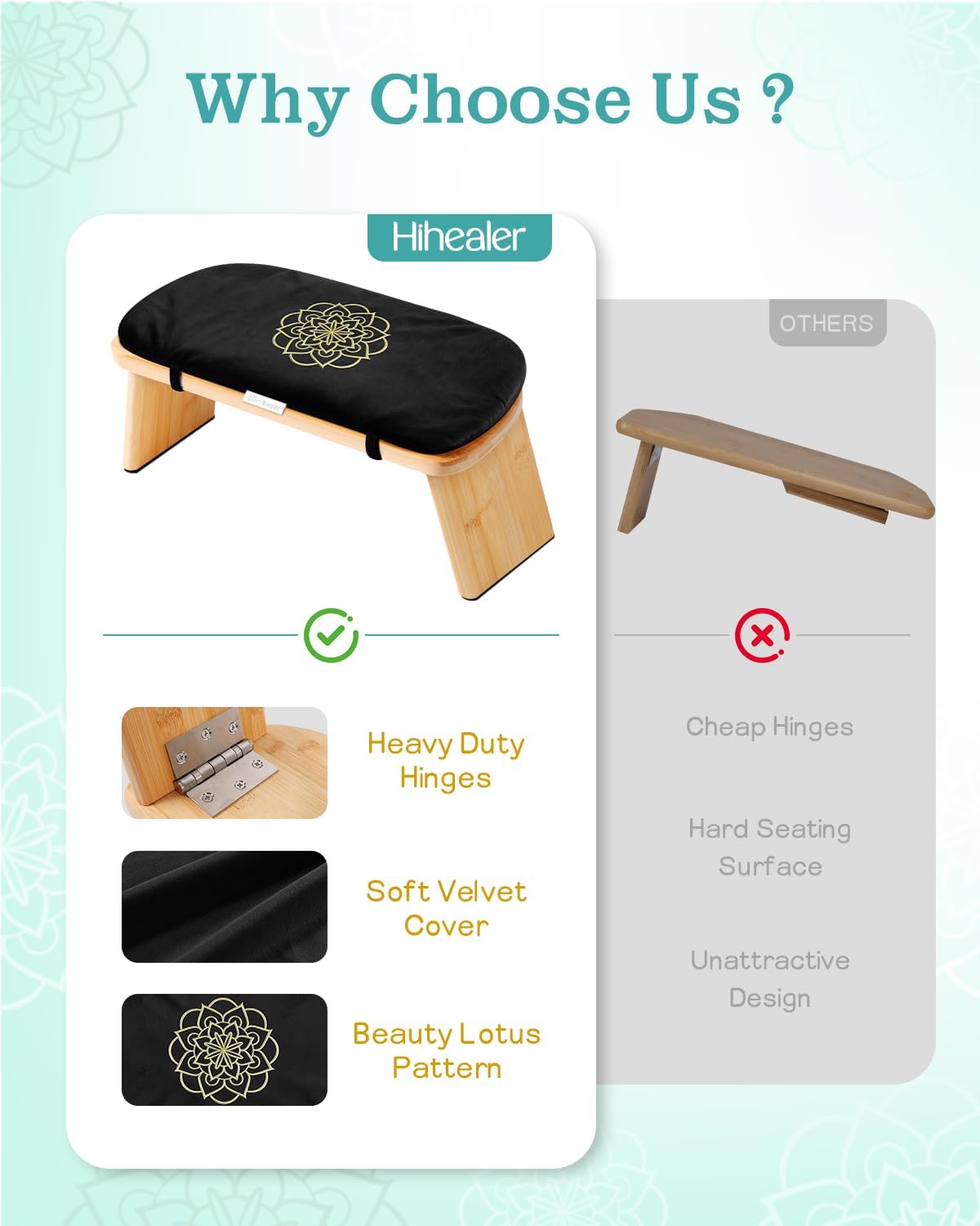 Hihealer Folding Bamboo Meditation Bench with Cushion & Carry Bag – Ergonomic Yoga and Prayer Stool for Comfort and Posture Support (Black)