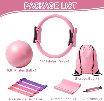 Pilates Kit for Home Workout: Pilates Equipment Ring and Ball Set for Women with Resistant Loops, Stretch Band & Storage Bag - Essentials Pilates Accessories Kit for Beginners Full Body Workouts