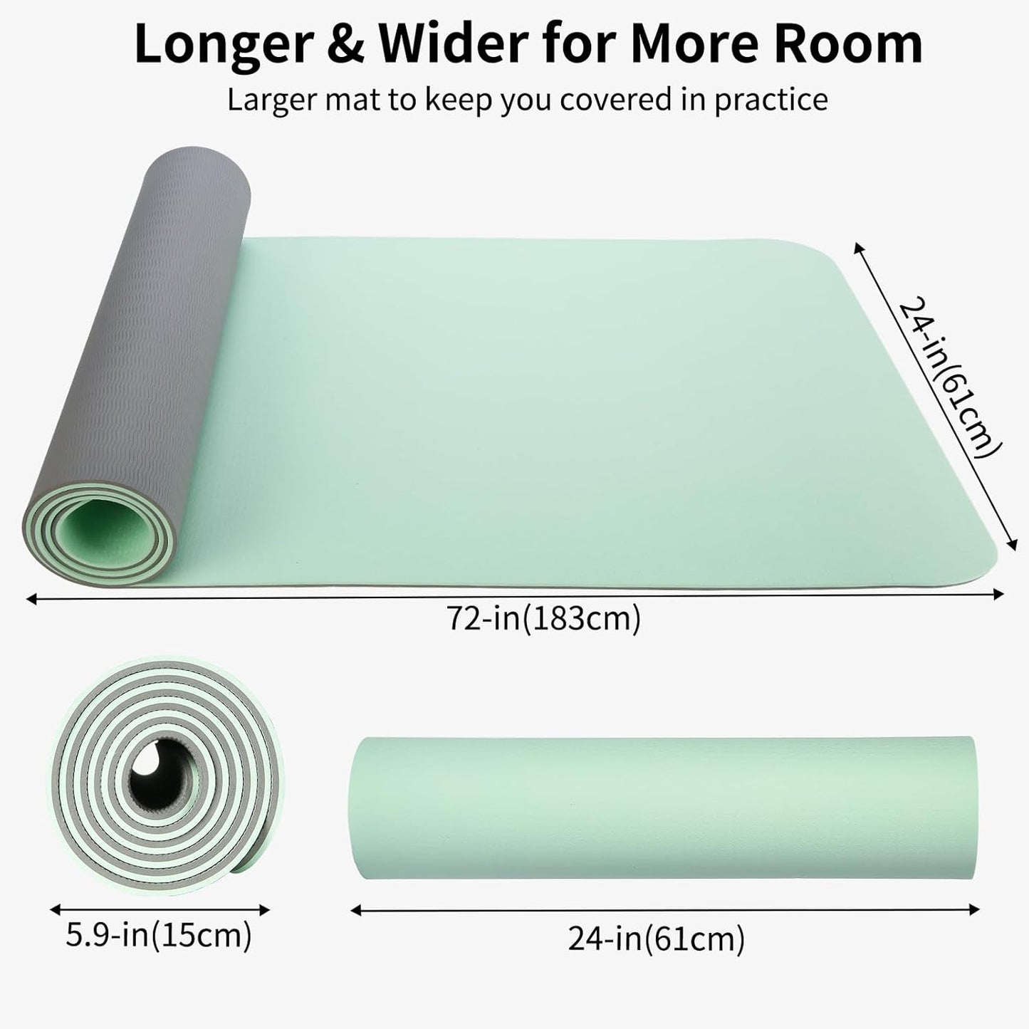 Thick TPE Yoga Mat, Non-Slip Eco-Friendly Exercise Mat with Carrying Strap for Yoga, Pilates and Home Workouts, Standard and Extra Wide Options