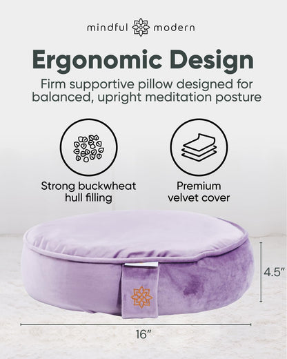 Mindful Modern Velvet Meditation Cushion | Luxe Zafu Yoga Floor Pillow Seat | Posture Support | Buckwheat Hull Filled | Large Round Cushion with Removable Washable Cover + Carry Handle
