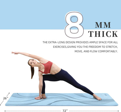 Yoga Mat Extra thick 8mm Exercise mat, Soft Lightweight TPE Fitness Mat with strap, High Elasticity, Anti-fatigue,non-slip mat for Women, Yoga, Camping, Travel, Gym & Outdoor | 72"L x 0.32"Th