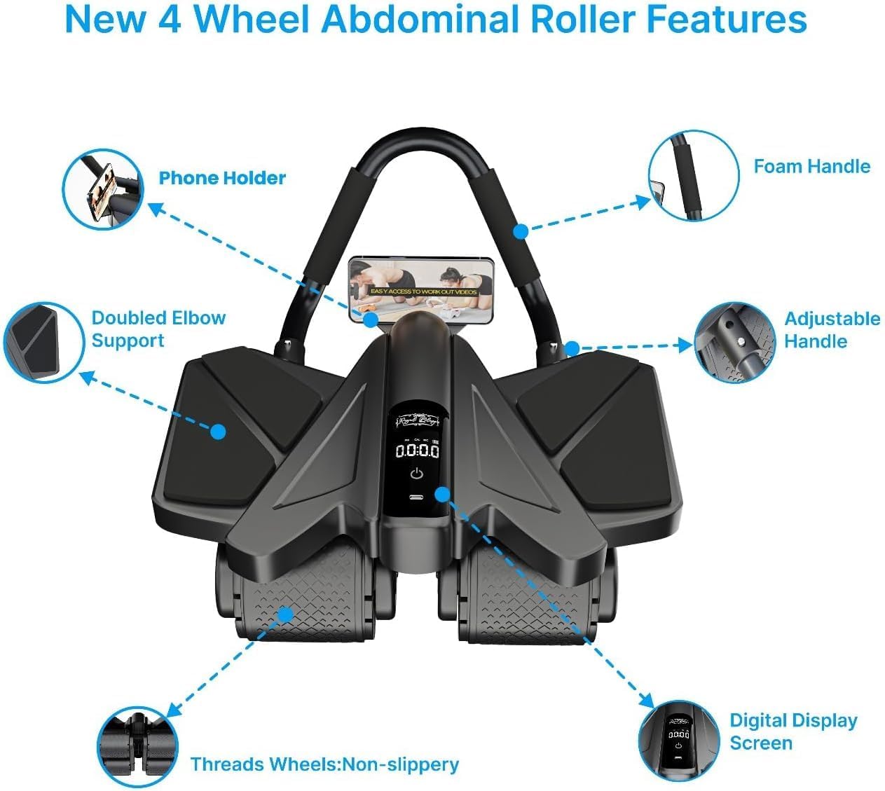 Ab Roller Home Gym Equipment – 4 Wheels Ab Wheel Muscle Roller with Automatic Rebound, Yoga Stretching Strap, 3 Resistance Bands – Comfortable Elbow Support with Non-Slip Handles – Built-in Workout Tracker
