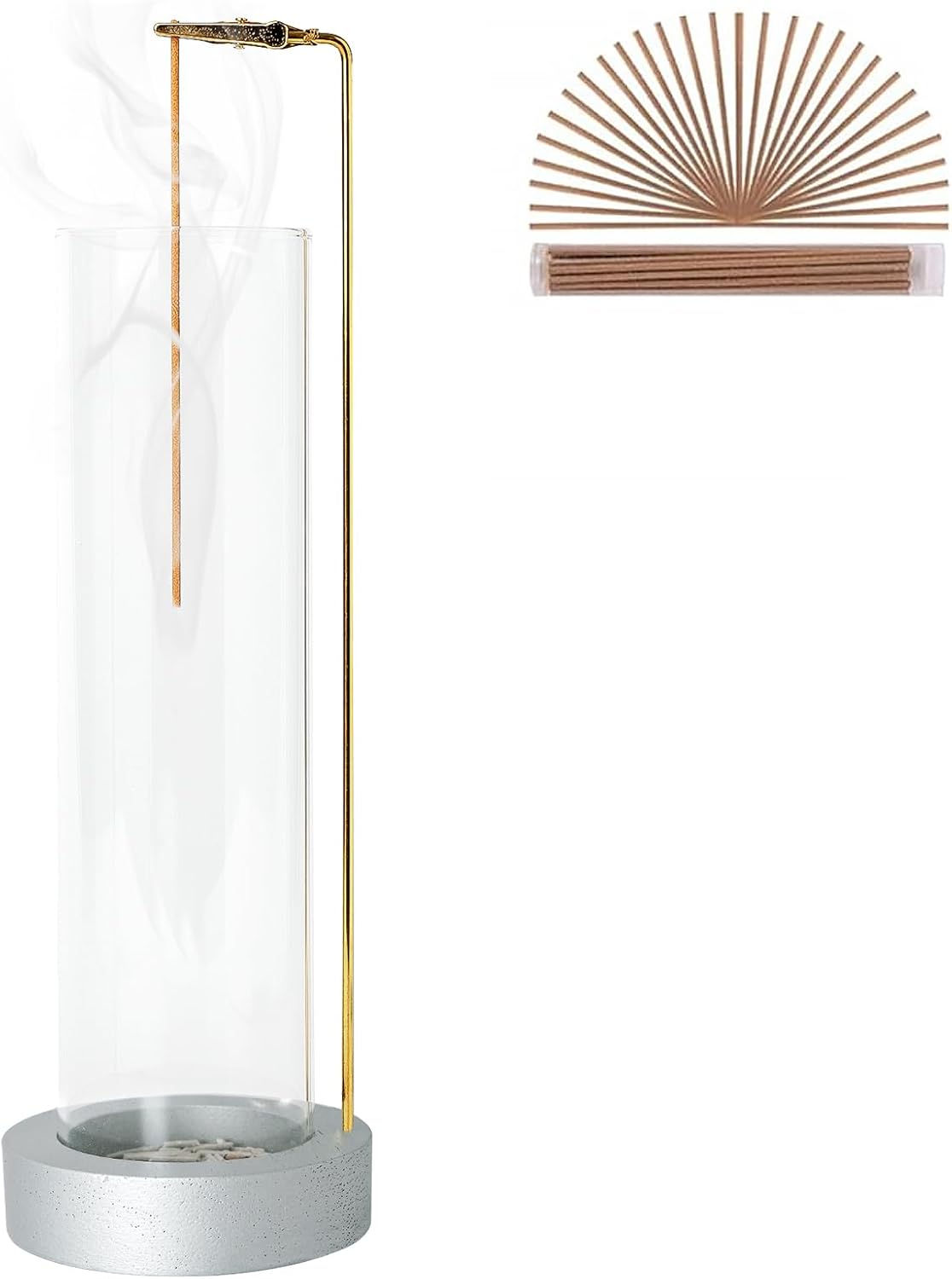 Incense Holder for Sticks, Anti-Ash Flying Incense Burner with 30 Incense Sticks, Detachable Glass Ash Catcher (Wood, Brown)