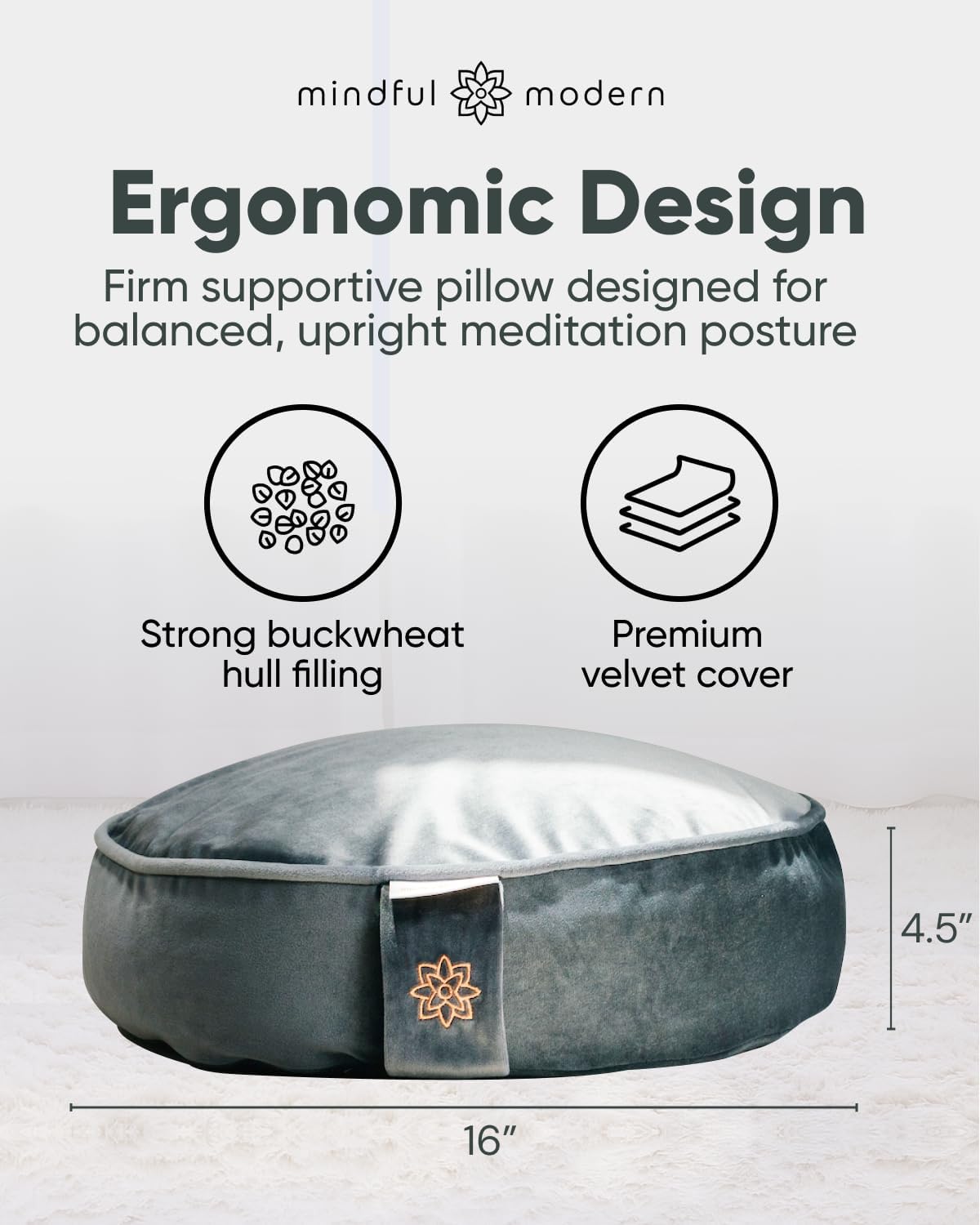 Mindful Modern Velvet Meditation Cushion | Luxe Zafu Yoga Floor Pillow Seat | Posture Support | Buckwheat Hull Filled | Large Round Cushion with Removable Washable Cover + Carry Handle