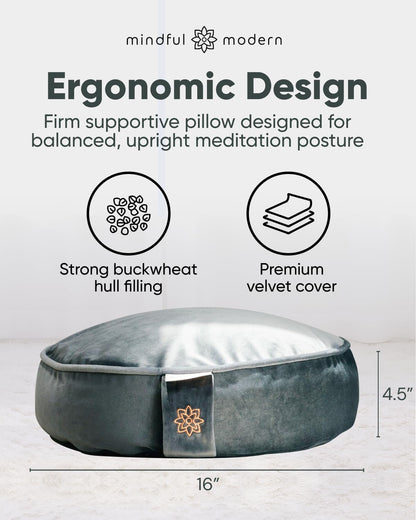 Mindful Modern Velvet Meditation Cushion | Luxe Zafu Yoga Floor Pillow Seat | Posture Support | Buckwheat Hull Filled | Large Round Cushion with Removable Washable Cover + Carry Handle