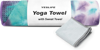 YESLIFE Non-Slip Extra Thick Hot Yoga Towel with One Sweat Towel, Microfiber Sweat Absorbent Yoga Mat Towel with Grip Dot, Pilates Mat, 72" x 24", Light Blue