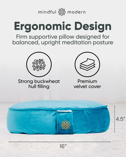 Mindful Modern Velvet Meditation Cushion | Luxe Zafu Yoga Floor Pillow Seat | Posture Support | Buckwheat Hull Filled | Large Round Cushion with Removable Washable Cover + Carry Handle
