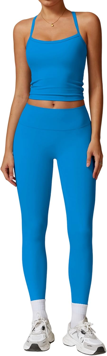 Women 2 Piece Workout Sets Padded Criss Cross Back Crop Tank High Waist Tummy Control Active Leggings Sets Yoga Outfit