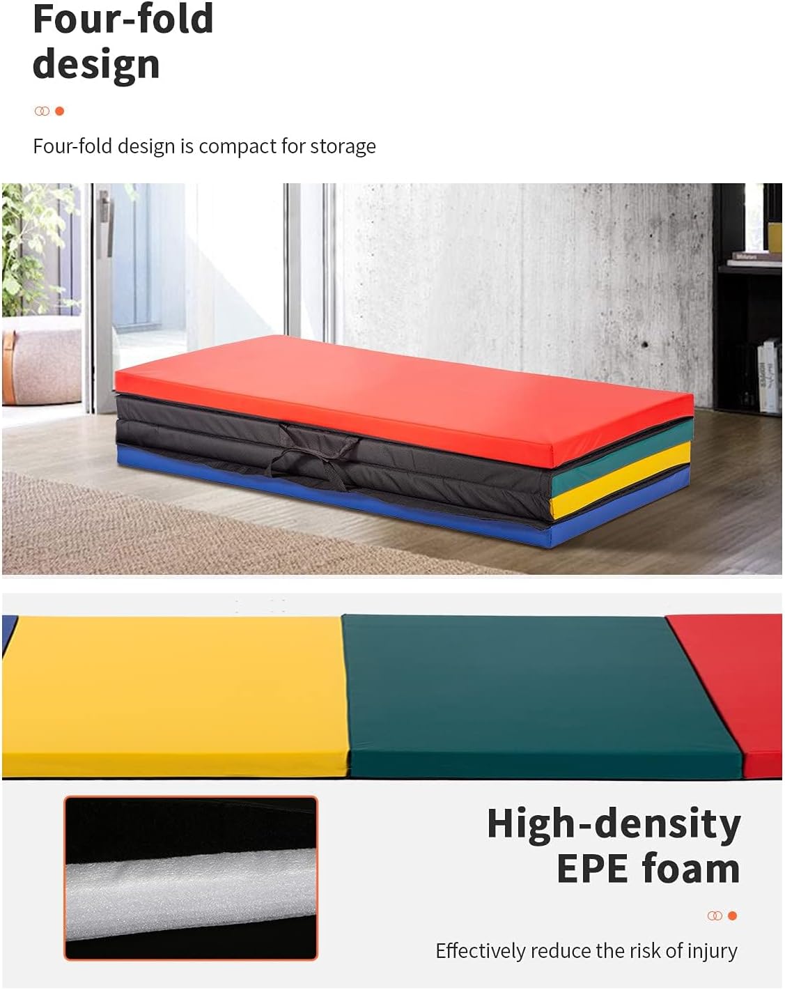 Exercise Mat 2'x6'/4'x8'/4'x10' Gymnastics Mat Folding Gymnastics Tumbling Mats 1.6"-2" Thick PU Leather Yoga Mat Portable With Carrying Handles for home Workout outdoor Yoga Pilates